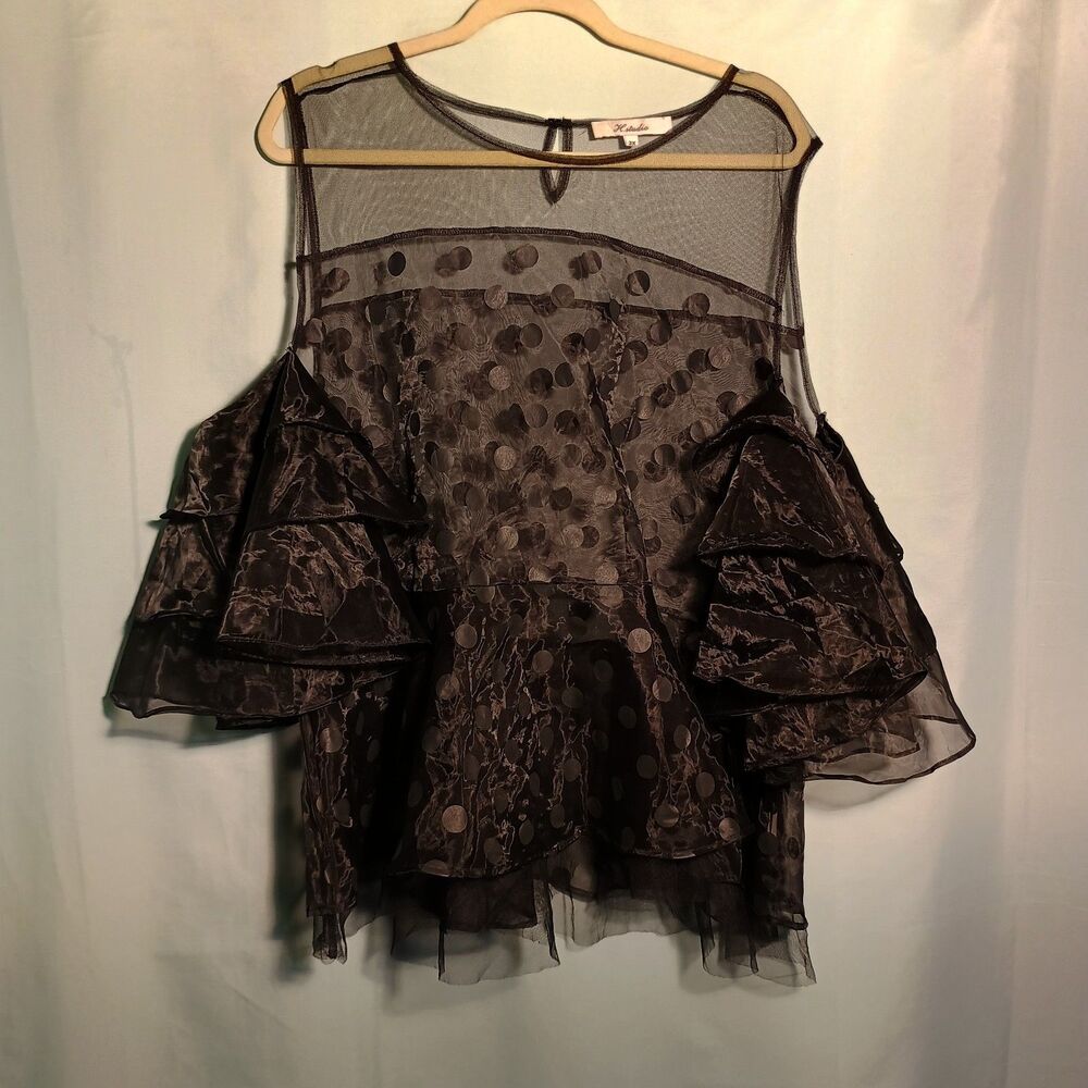 Vintage-Style Sheer Black Polka Dot Ruffle Blouse – Mesh Yoke – Dramatic  3XL